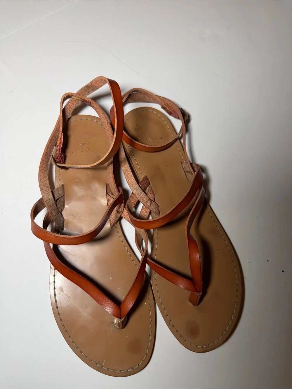 J. Crew brown Cognac Leather Strappy Ankle Sandals flip flops summer shoes